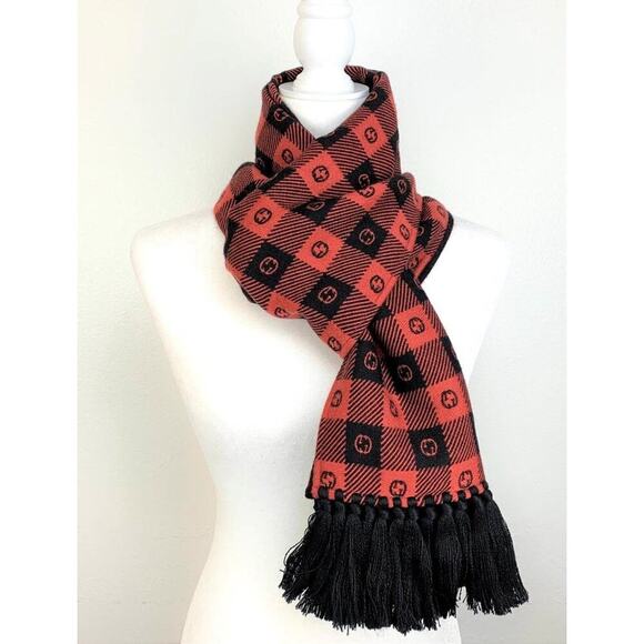 NWT Gucci Wool Interlocking GG LEISURE Scarf Black Red - Picture 3 of 11